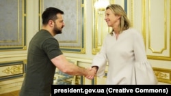 Ukrainian President Volodymyr Zelenskiy (left) shakes hands with Dutch Defense Minister Kajsa Ollongren in Kyiv on November 2.