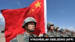 Chinese soldiers take part in joint military exercises of the Shanghai Cooperation Organization in Kyrgyzstan in 2016.