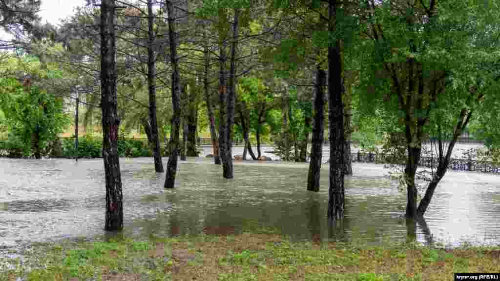 Вода подтопила часть парка имени Гагарина близ слияния Малого Салгира и Салгира