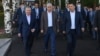 Uzbek President Shavkat Mirziyoev (left), Kazakh President Qasym-Zhomart Toqaev (center), and Kyrgyz President Sadyr Japarov arrive for talks at a Central Asia summit in Cholpon-Ata, Kyrgyzstan, on July 20. 