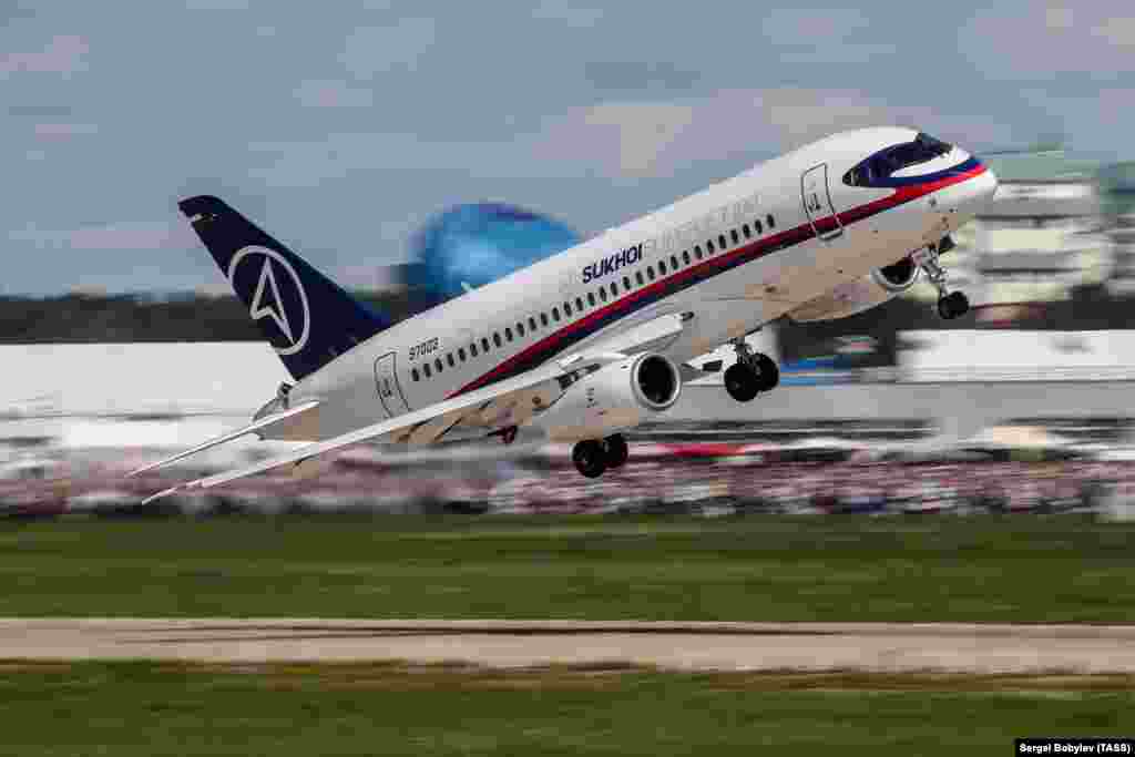 A Superjet makes a low pass at a Moscow airshow. By 2015 the Superjet was considered largely an engineering success, but sales were slow.