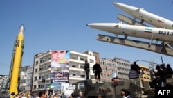 Iranian missiles are displayed during a rally marking Al-Quds (Jerusalem) Day in Tehran on June 23.