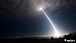 An unarmed Minuteman III intercontinental ballistic missile in flight during a test in California in 2017