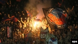 CSKA Moscow fans during their UEFA Champions League soccer match last month with Manchester City at the Khimki Stadium in Moscow. CSKA was sanctioned after the match because some of their supporters directed "monkey chants" against black players from the opposing team. 