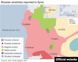 Карта военных действий в Сирии с отмеченными местами российских авиаударов