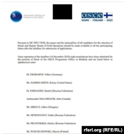 An internal OSCE document shows Dmitry Iordanidi, whom Belgium expelled, as a candidate to head the OSCE office in Kyrgyzstan.