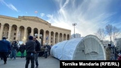 Protesters have been putting up tents in downtown Tbilisi.