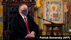 U.S. Secretary of State Mike Pompeo looks on during a meeting with Georgia's Orthodox Patriarch Ilia II at the Patriarchate of Georgia in Tbilisi on November 18.