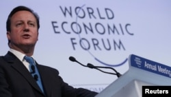 British Prime Minister David Cameron addresses participants at the World Economic Forum in Davos, Switzerland on January 26.