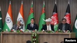 (Left to right:) Indian Foreign Minister M.J. Akbar, Turkmen President Gurbanguly Berdymukhammedov, Afghan President Ashraf Ghani, and Pakistani Prime Minister Shahid Khaqan Abbasi at the TAPI pipeline inauguration ceremony in Herat.