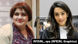 Jailed Azerbaijani journalist Khadija Ismayilova (left) and international rights lawyer Amal Clooney (combined photo) 