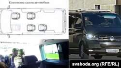 Схема автомобиля Volkswagen Caravelle, а также скриншот из видео госканала ОНТ, на котором показаны сотрудники Службы безопасности президента на автомобиле Volkswagen Craravelle (слева внизу) и микроавтобус Volkswagen Craravelle в кортеже Лукашенко (справа)