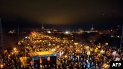 Thousands of demonstrators gather in front of the Bella Center, the venue of the UN climate change conference, in Copenhagen.