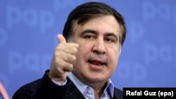 Former Georgian President Mikheil Saakashvili speaks during a press conference in Warsaw on September 8.