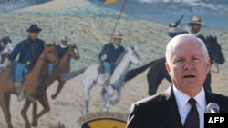 U.S. Secretary of Defense Robert Gates speaks to U.S. soldiers at a base in Kirkuk today.