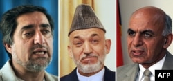 A combined photo of outgoing Afghan President Hamid Karzai flanked by presidential candidates Abdullah Abdullah (left) and Ashraf Ghani (right)