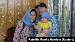 Iranian-British aid worker Nazanin Zaghari-Ratcliffe (left) is shown with her husband, Richard Ratcliffe, and her now 4-year-old daughter, Gabriella.