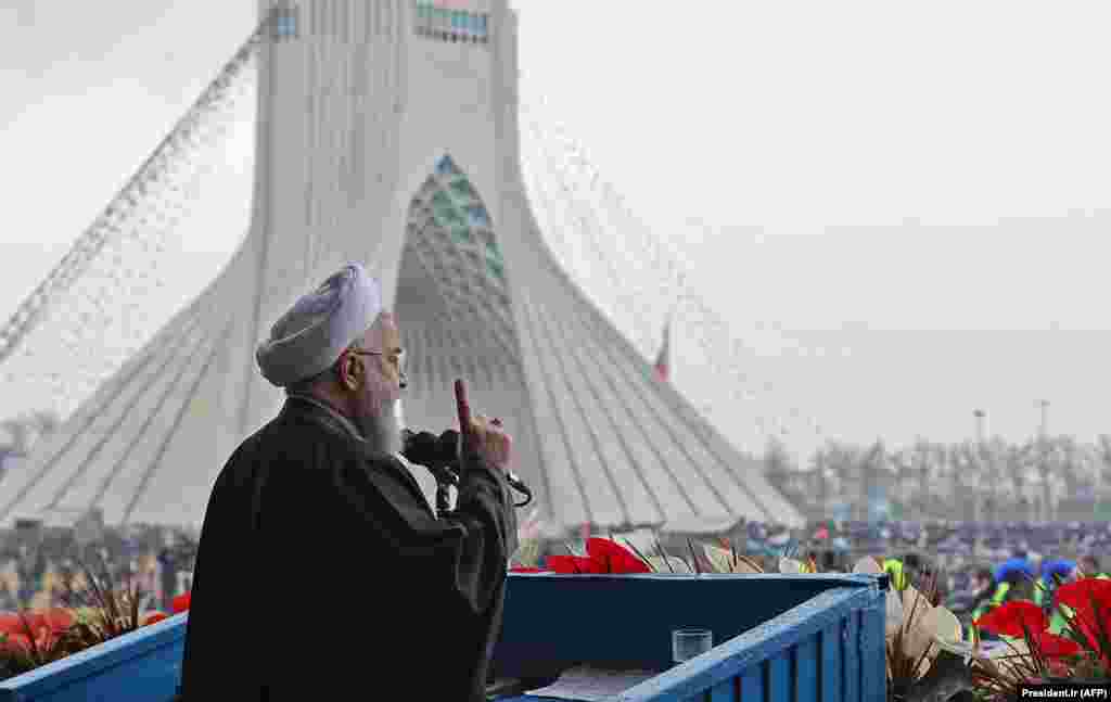 Iranian President Hassan Rohani addresses tens of thousands of people on Azadi (Freedom) Square.