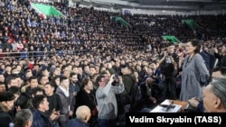 Yakutsk Mayor Sardana Avksentyeva speaks during a rally against illegal migration in Yakutsk on March 18.