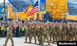 U.S. Army personnel march in a military parade marking Ukraine's Independence Day in Kyiv in August 2018.