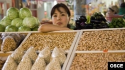 A female vendor at a market in Bishkek, Kyrgyzstan