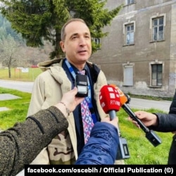 Dmitry Iordanidi attending the completion of the construction of a residential building in the town of Vares, Bosnia-Herzegovina, in November 2021. At the time Iordanidi served as deputy head of the OSCE Mission in the Balkan nation.