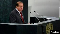 Pakistani Prime Minister Muhammad Nawaz Sharif speaks during the United Nations 68th session of the General Assembly on September 27.