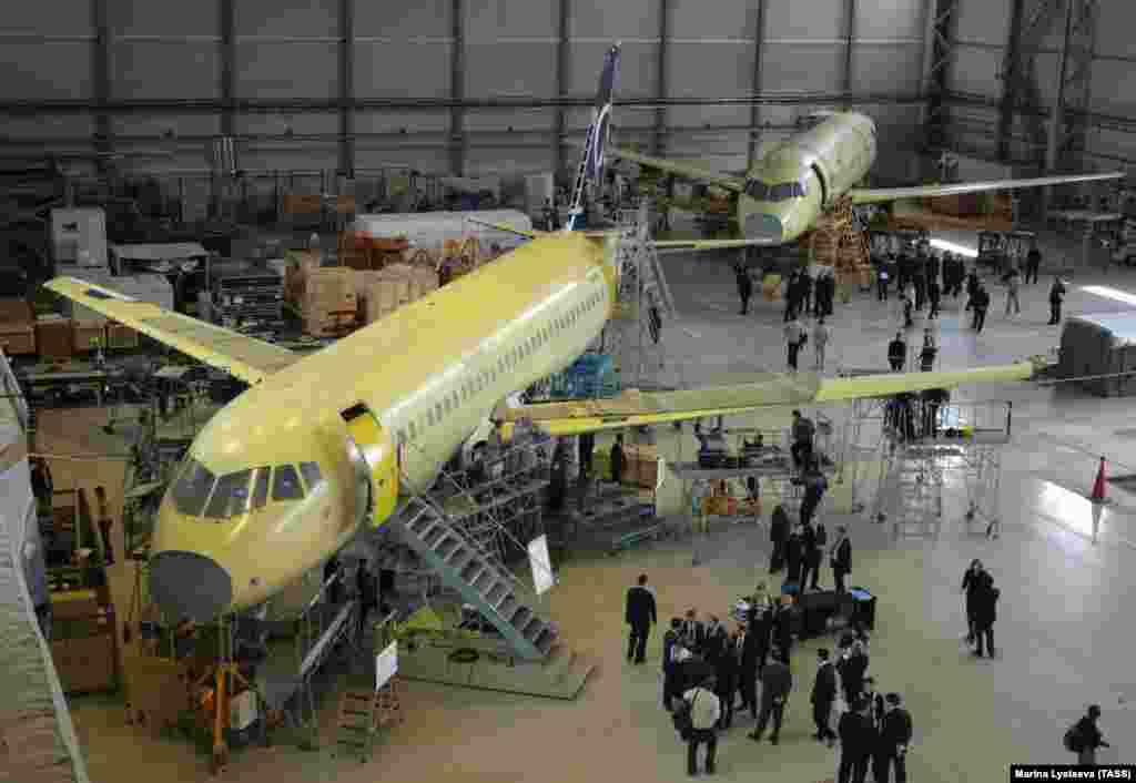 Superjets under construction in Komsomolsk-on-Amur in Russia&#39;s Far East. The plane was initially slated to be available to buyers by 2009, but problems with its engines delayed its entry to the market.