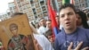 Kosovar Serbs showing public support for the Serbian national anthem in February